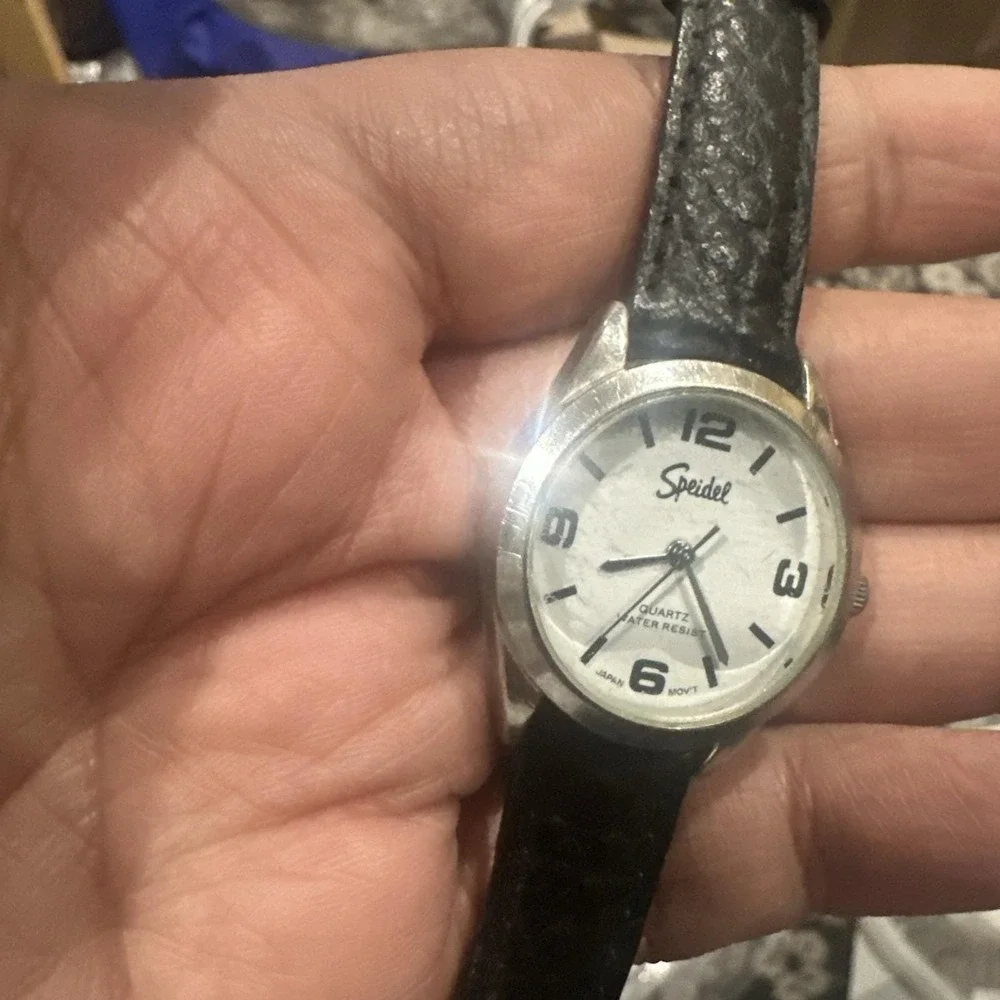 Working Vintage Speidel Ladies Watch Black Leather Quartz 28mm Fit‎ 7in New Batt